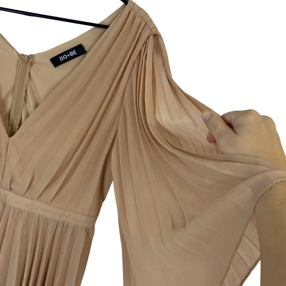 Do+Be Tan Color Pleated Deep V Neck Split Sleeve Top Size Large
